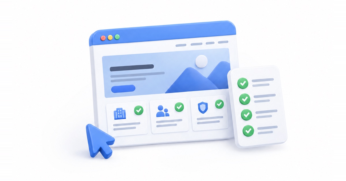 Kurumsal web sitesi ekranının yanında tamamlanmış maddelerden oluşan kontrol listesi