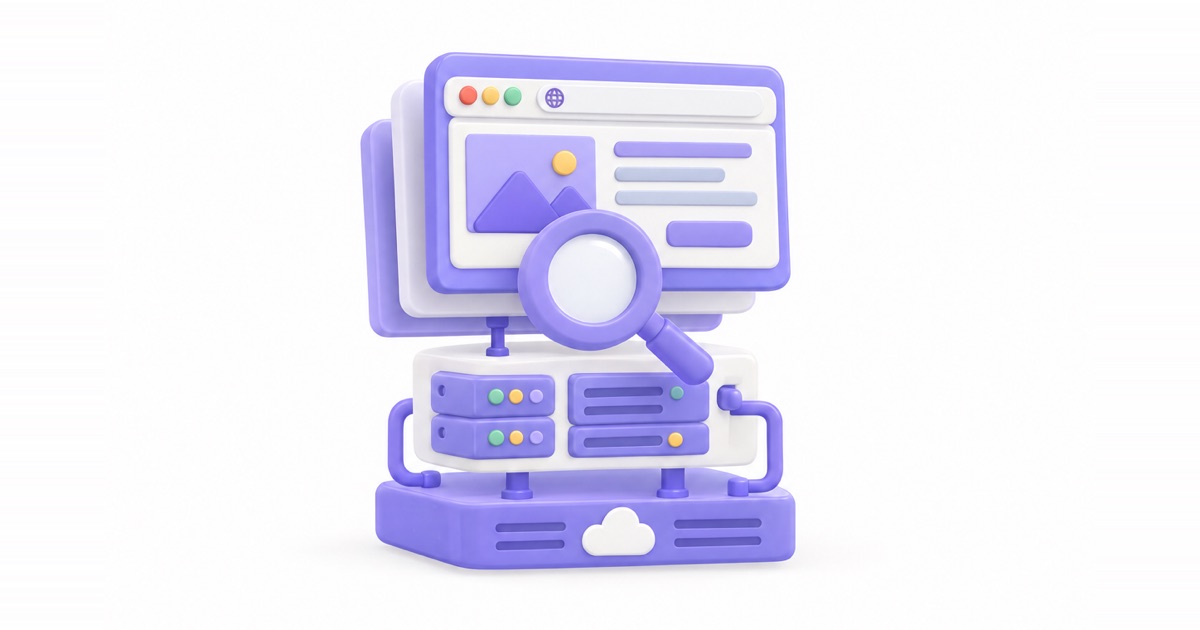 Büyüteçle incelenen web sayfası ve altında sunucu altyapısı