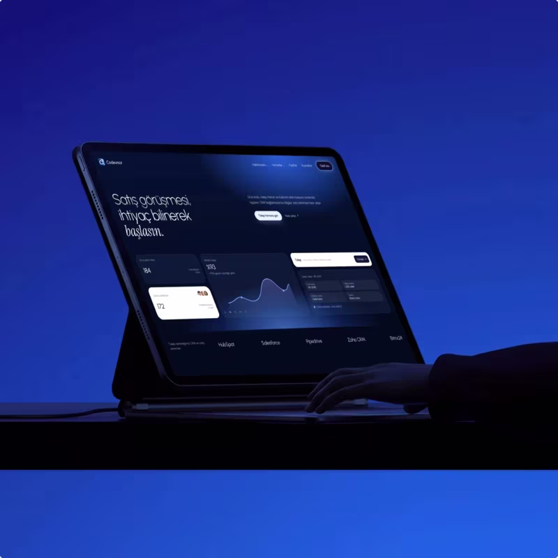 Mavi ışıkta tablet ekranında “Satış görüşmesi, ihtiyaç bilinerek başlasın.” satış paneli